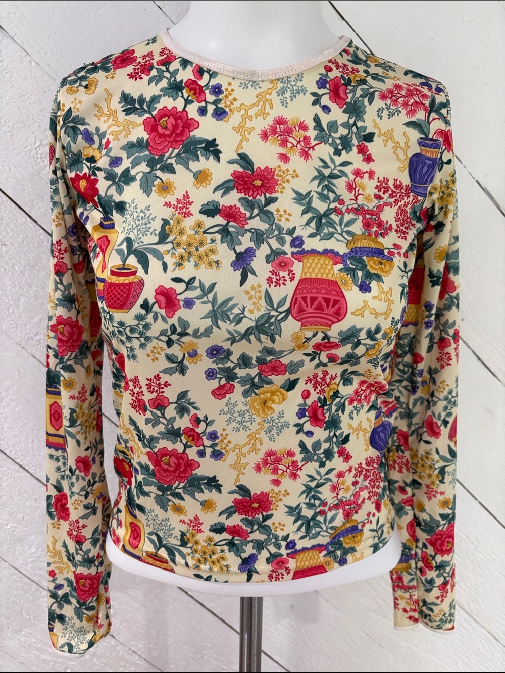 Vintage Cheryl Creations Floral Long Sleeve Mesh Top Lycra Blend Made in USA L !